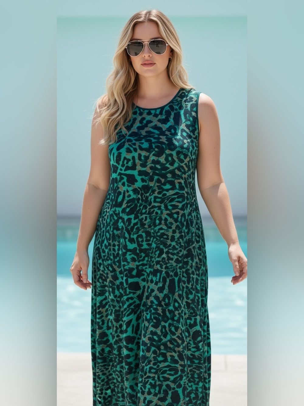 Chico’s 3 Teal Green Leopard Camo Scoop Neck Sleeveless Dress Summer Size 16